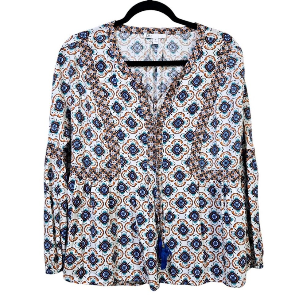 DR2 Women's Size Large Long Sleeve Peasant Top Blouse Multicolor Boho
